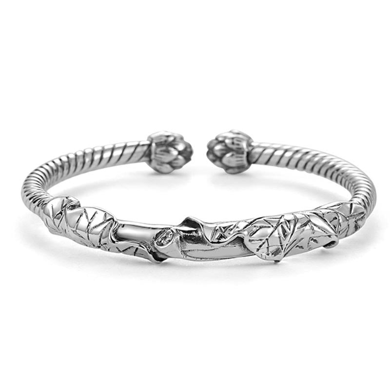 Tibetan Lotus White Copper Bracelet showing floral bud terminals and rope texture, wealth