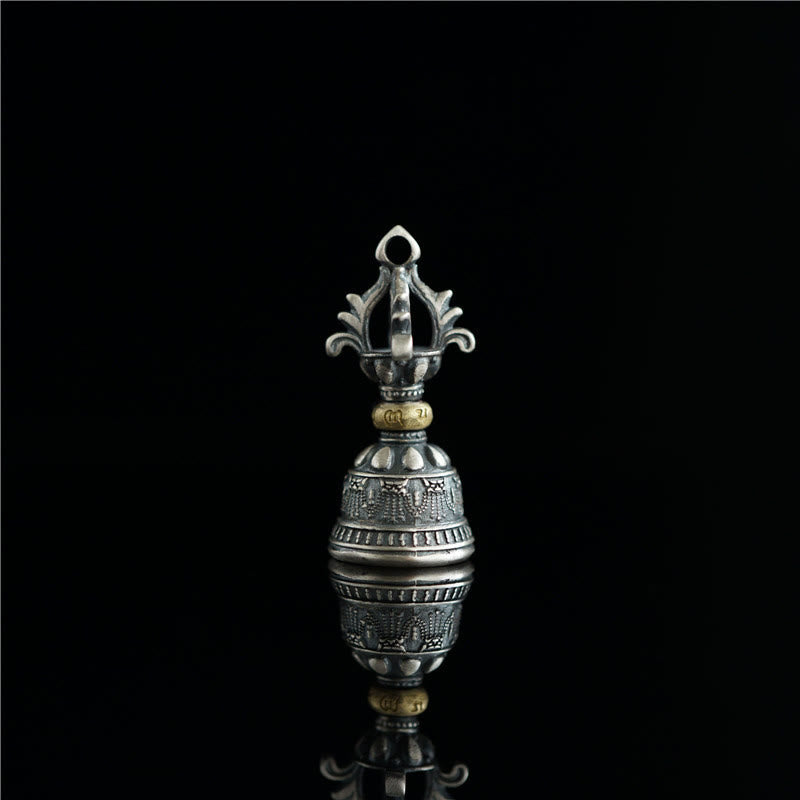 925 Silver Dorje Bell Pendant – Symmetrical front view with mirror reflection and vajra crown