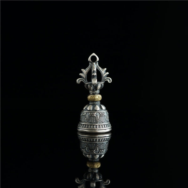 925 Silver Dorje Bell Pendant – Symmetrical front view with mirror reflection and vajra crown
