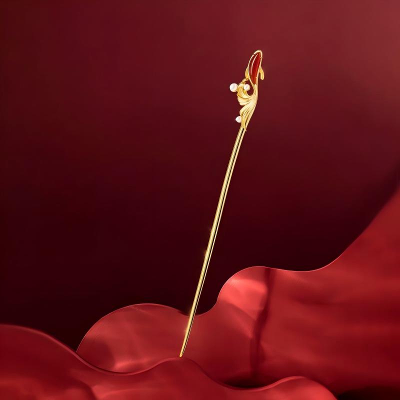 Koi Hairpin – gold pin with red enamel koi and pearl accents on crimson silk, elegant hair accessory