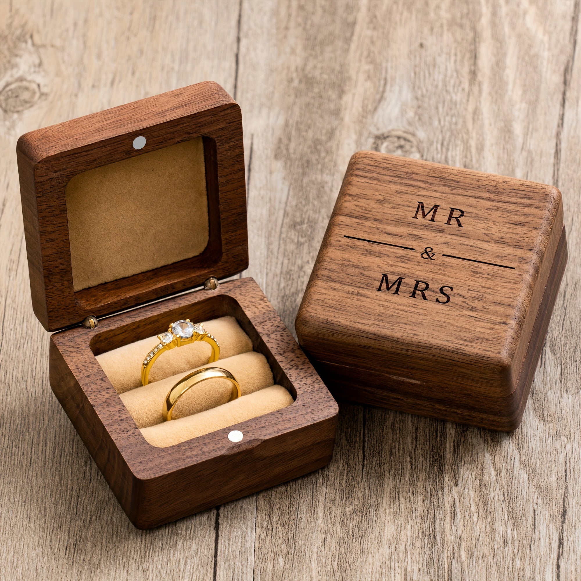 Walnut Wood Ring Box – MR & MRS engraved lid with open ring display, romantic gift