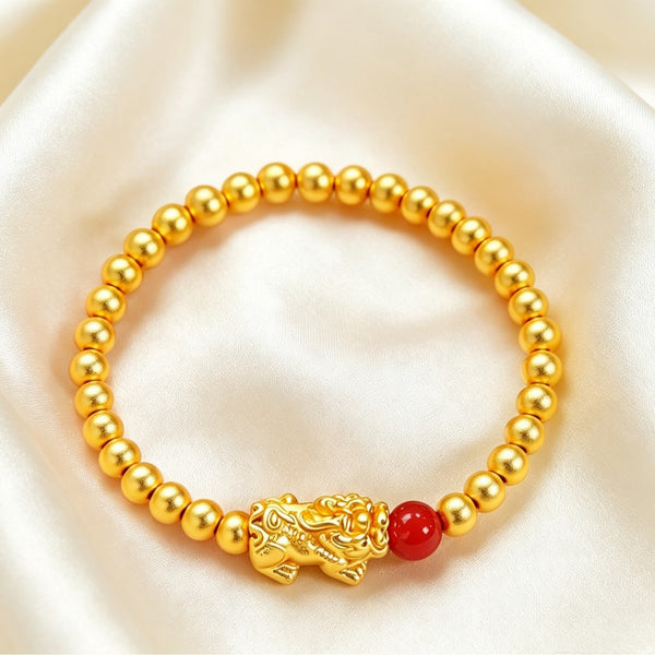 Gold-Plated Pixiu & Red Bead Stretch Bracelet
