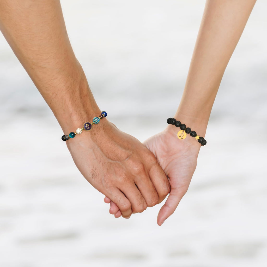 Zodiac Crystal Beaded Bracelet – Leo and Gemini bracelets on couples hands, matching zodiac gift