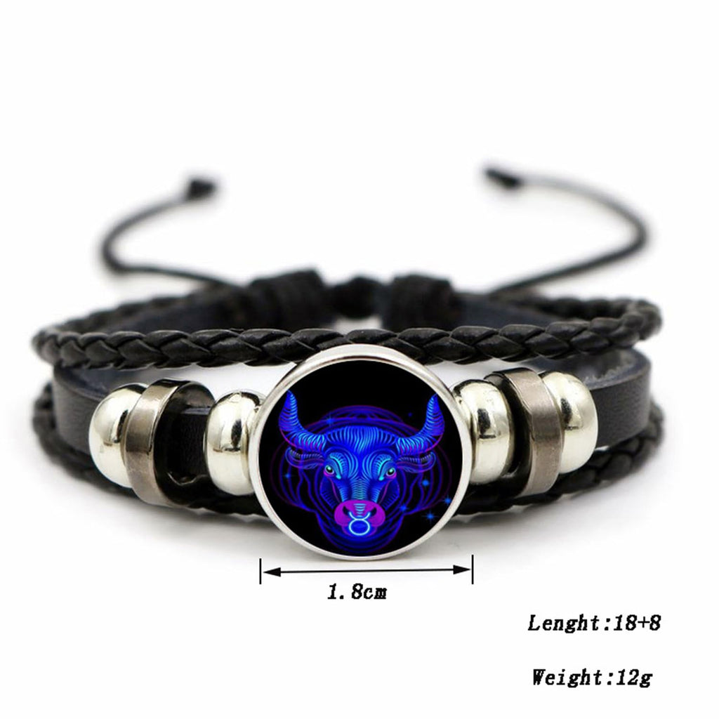 Zodiac Leather Wrap Bracelet – Taurus with measurements, 1.8cm charm and 26cm adjustable length