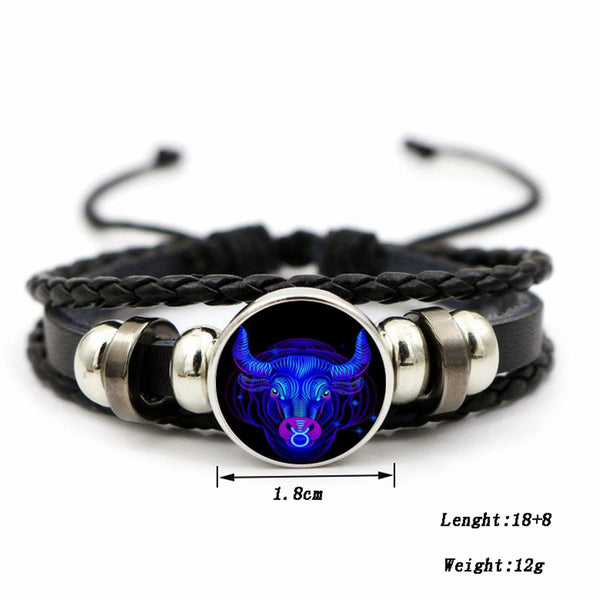 Zodiac Leather Wrap Bracelet – Taurus with measurements, 1.8cm charm and 26cm adjustable length