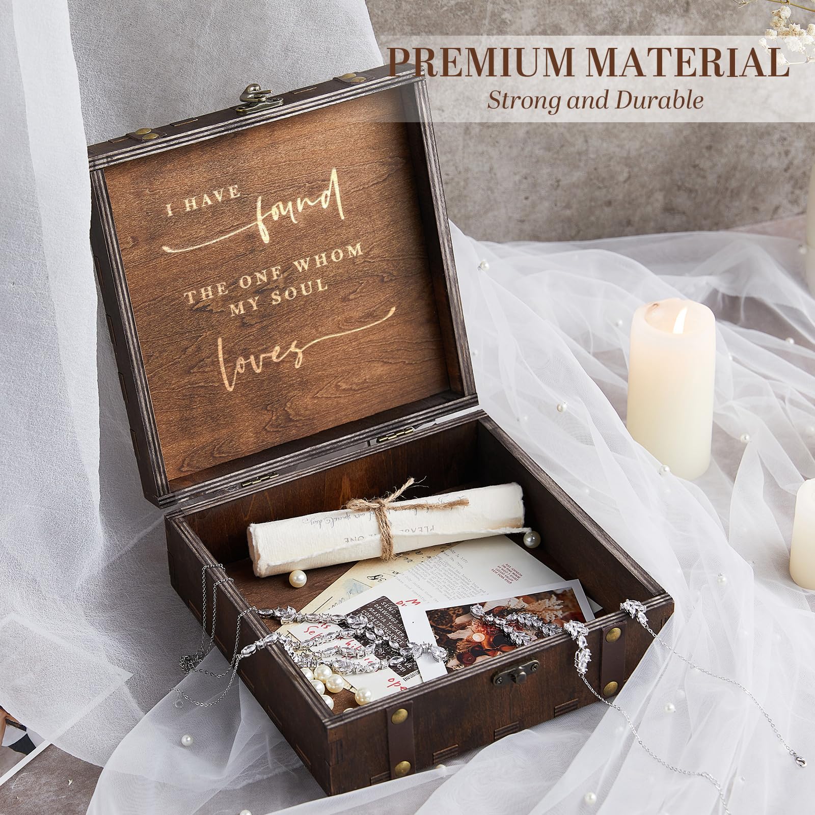 Mr Mrs Wooden Keepsake Box – open box with scroll, pearls and cherub figurine, premium material scene