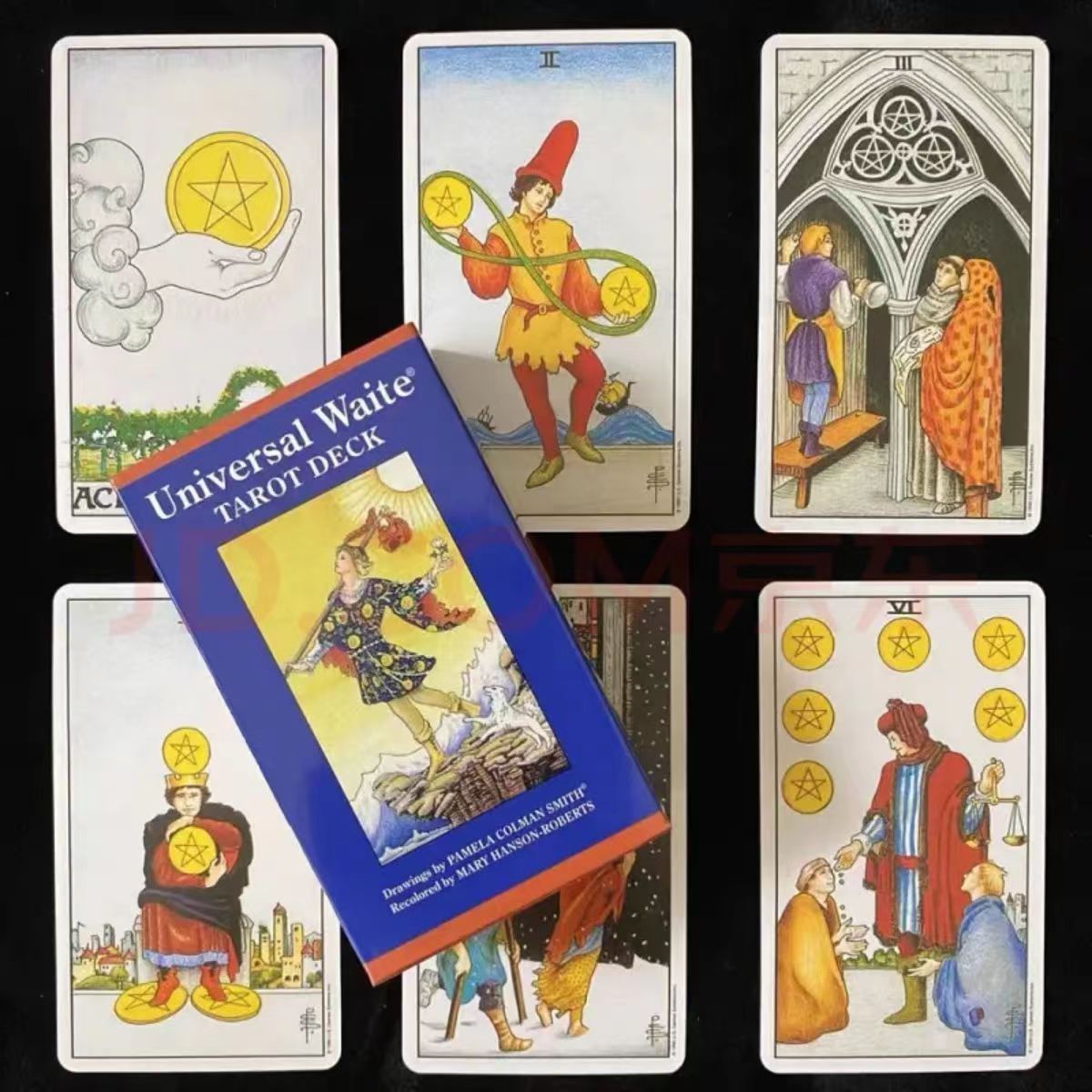 Universal Waite Tarot – Deck box with Fool art and pentacles suit cards Ace to Six on black, beginner tarot deck