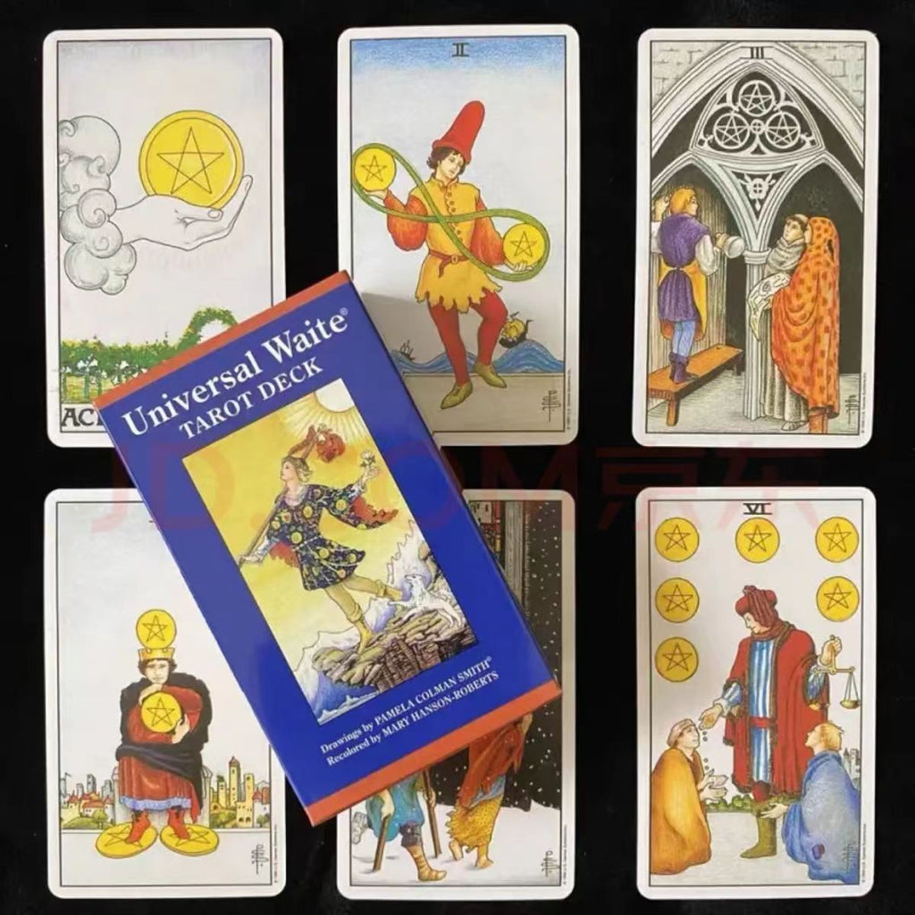 Universal Waite Tarot – Deck box with Fool art and pentacles suit cards Ace to Six on black, beginner tarot deck