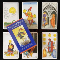 Universal Waite Tarot – Deck box with Fool art and pentacles suit cards Ace to Six on black, beginner tarot deck