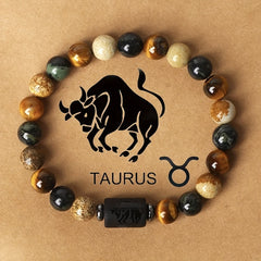 12 Zodiac Natural Stone Bead Bracelet Taurus tiger eye picture jasper beaded bracelet with engraved bull charm