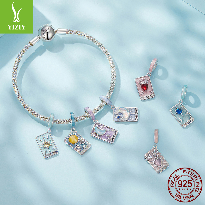 Tarot Silver Charm – Five charms on mesh bracelet with Sun Moon Empress Star, sterling silver