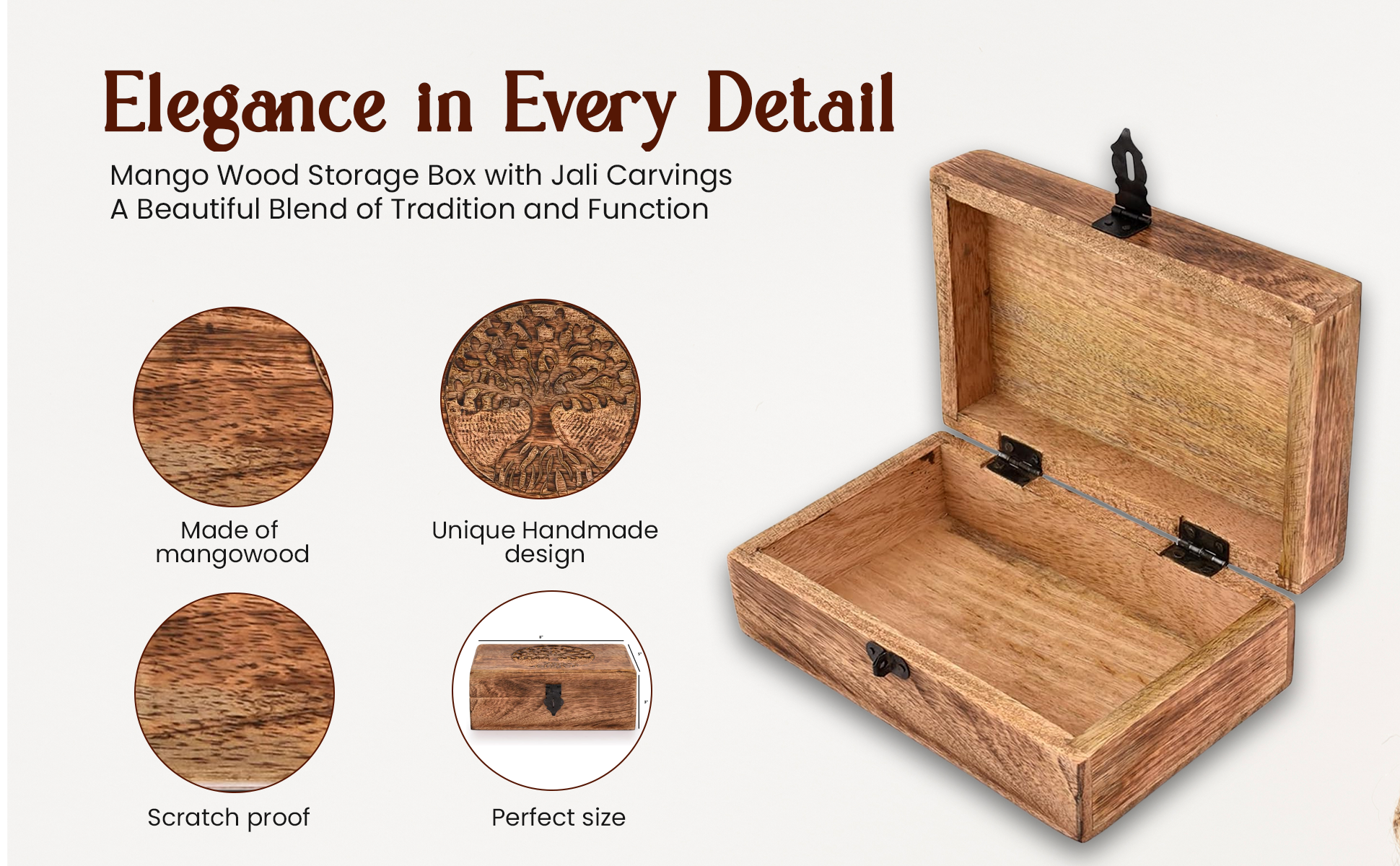 Mango Wood Tree of Life Box – open box with detail insets showing material and carving, handmade