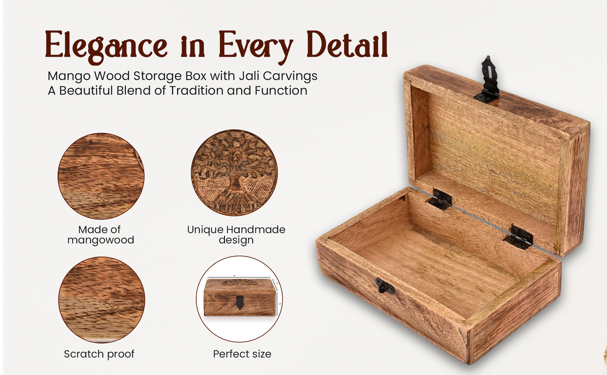 Mango Wood Tree of Life Box – open box with detail insets showing material and carving, handmade