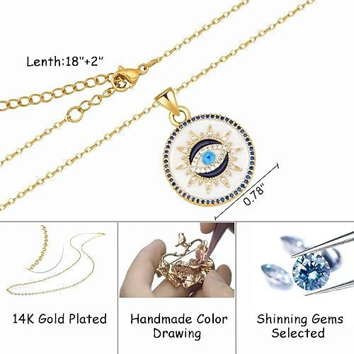 Gold Enamel Sunburst Evil Eye Necklace | White Disc, Blue CZ