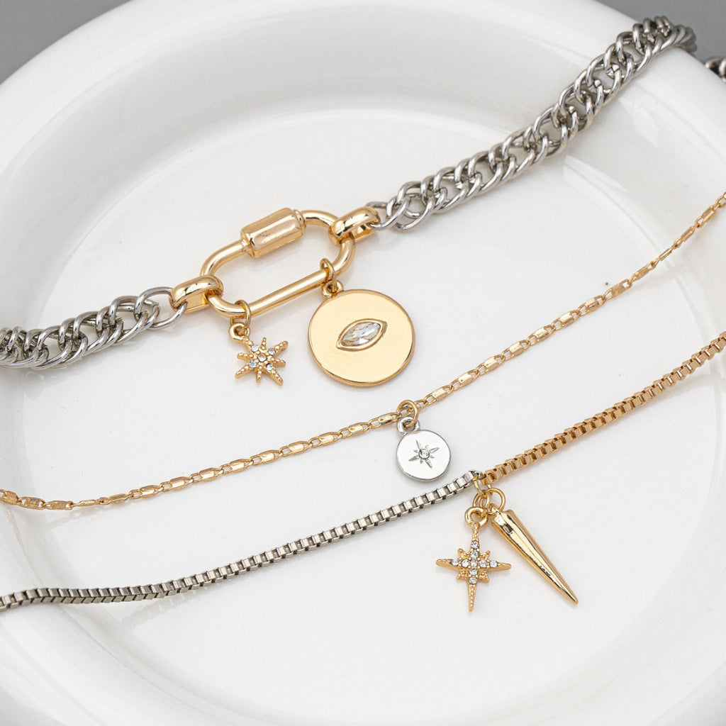 Mixed Metal Layered Charm Necklace | Gold Carabiner Eye Disc