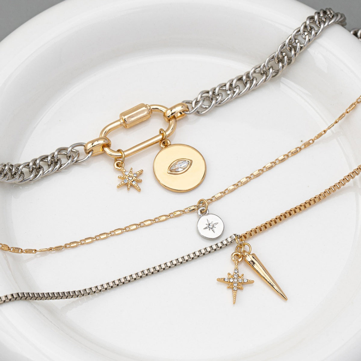 Mixed Metal Layered Charm Necklace | Gold Carabiner Eye Disc