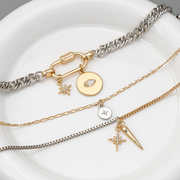 Mixed Metal Layered Charm Necklace | Gold Carabiner Eye Disc