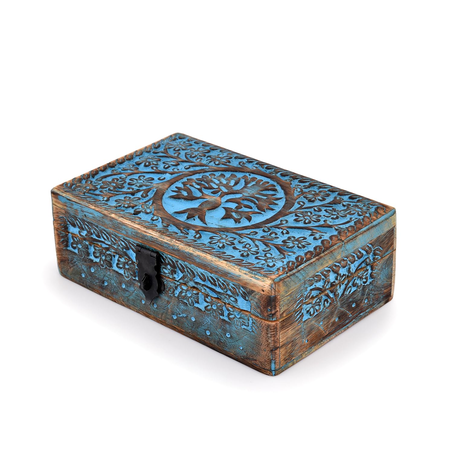 Tree of Life Wooden Jewelry Box – open lid revealing natural wood interior and carved exterior, functional