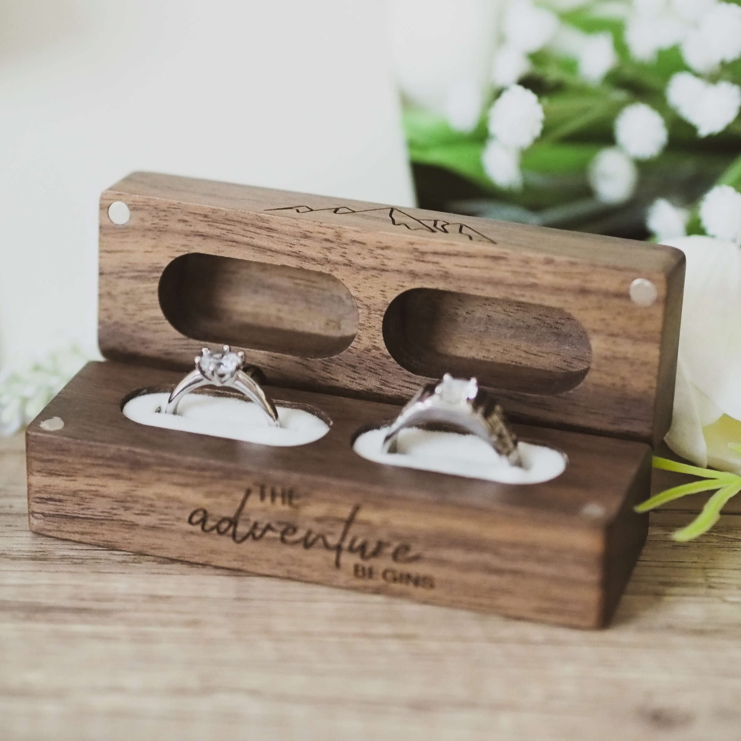 Engraved Walnut Ring Box – dual ring slots with velvet lining and front engraving detail, romantic setting