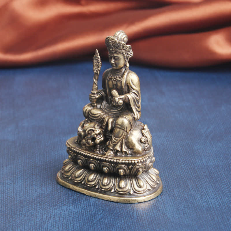 Manjusri Bodhisattva Copper Statue – Ornate crown and jewelry in cast metal, artisan temple piece