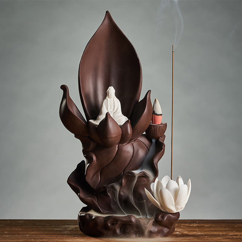 Lotus Buddha Avalokitesvara Purple Clay Incense Burner – top angle with lid removed, sacred incense holder