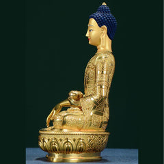Shakyamuni Enlightenment Copper Statue – close-up serene expression and half-closed eyes, peaceful craft