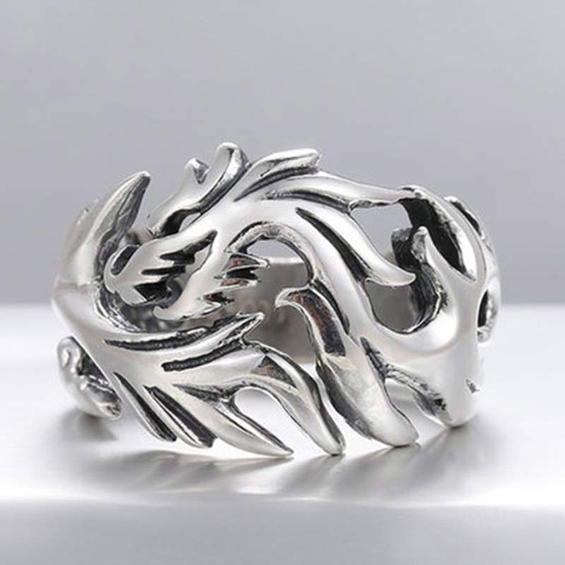 Dragon Pattern Protection Ring – cut-out flame dragon band, Intricate