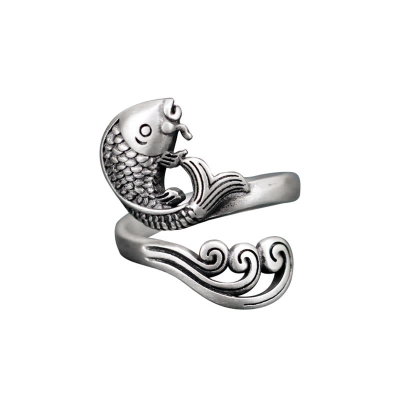 925 Sterling Silver Koi Ring – koi fish leaping over water ripple with splash detail, 925 silver engraved band, luck