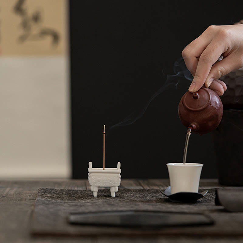 Dragon Ceramic Incense Burner – diptych unlit and lit with robed figure, matte finish, mindful