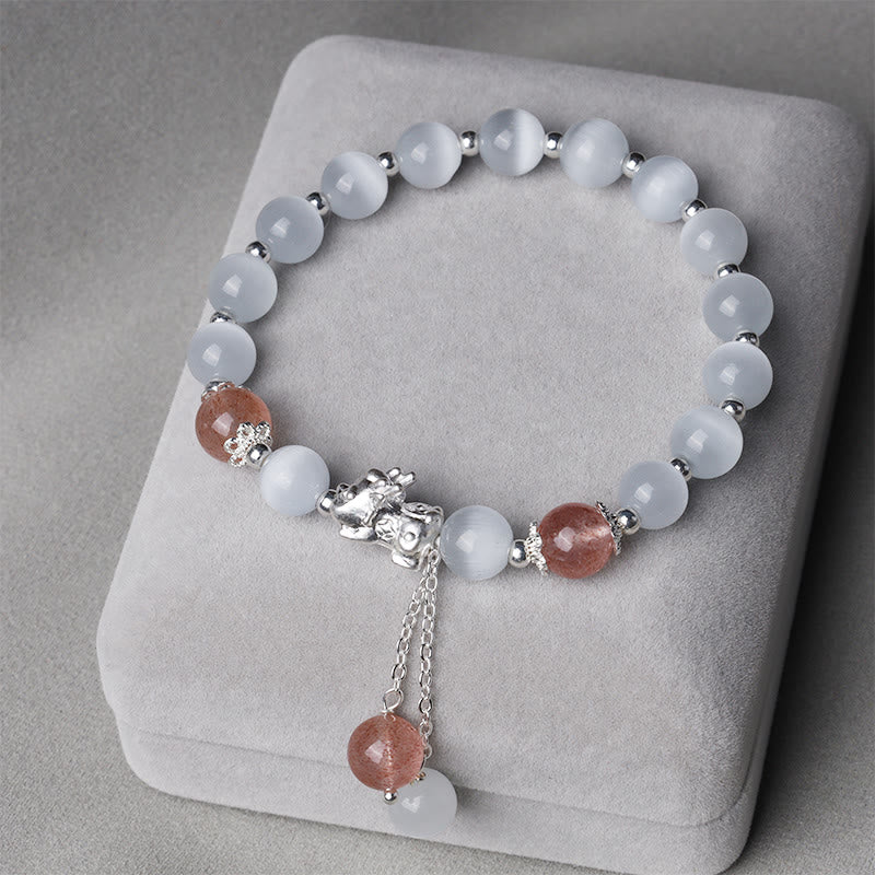 Cat's Eye PiXiu Bracelet – Gray cushion with strawberry quartz beads and silver chain tassels