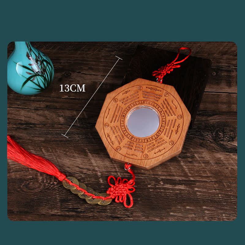 Peach Wood Bagua Map - four-panel showing multiple sizes back design and hand-held bagua mirror views