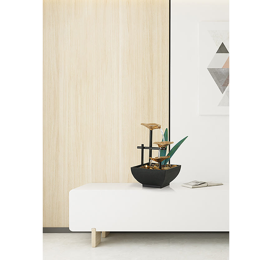 Three Layers Lotus Waterfall Fountain - Copper tiers on console with wood paneling, Harmonious