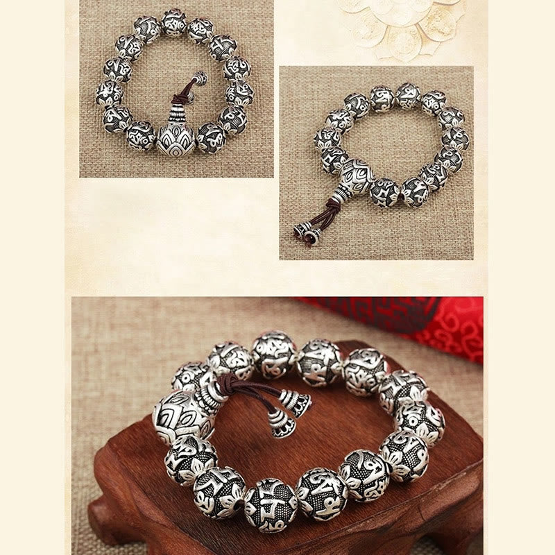 Om Mani Padme Hum Bracelet – Three-angle composite on fabric and carved wood, mantra beads