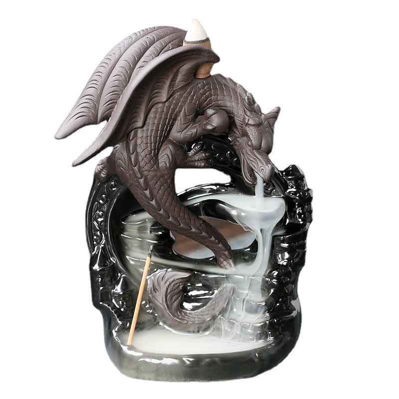 Dragon Backflow Incense Burner – full product with white smoke flow on clean background, protective