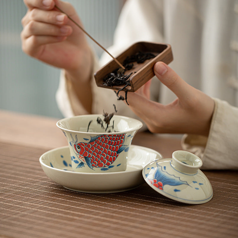 Koi Sancai Teacup – lid removed showing cup and saucer separated, gaiwan 130ml