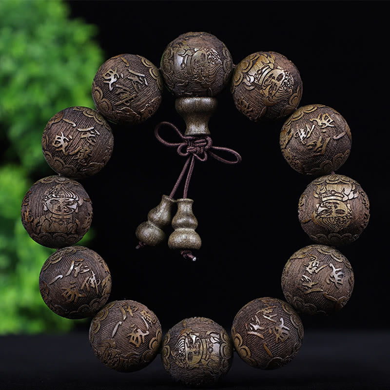 Chinese Zodiac Rosewood Ebony PiXiu Set – dark green sandalwood buddha bracelet, engraved spiritual text wood beads