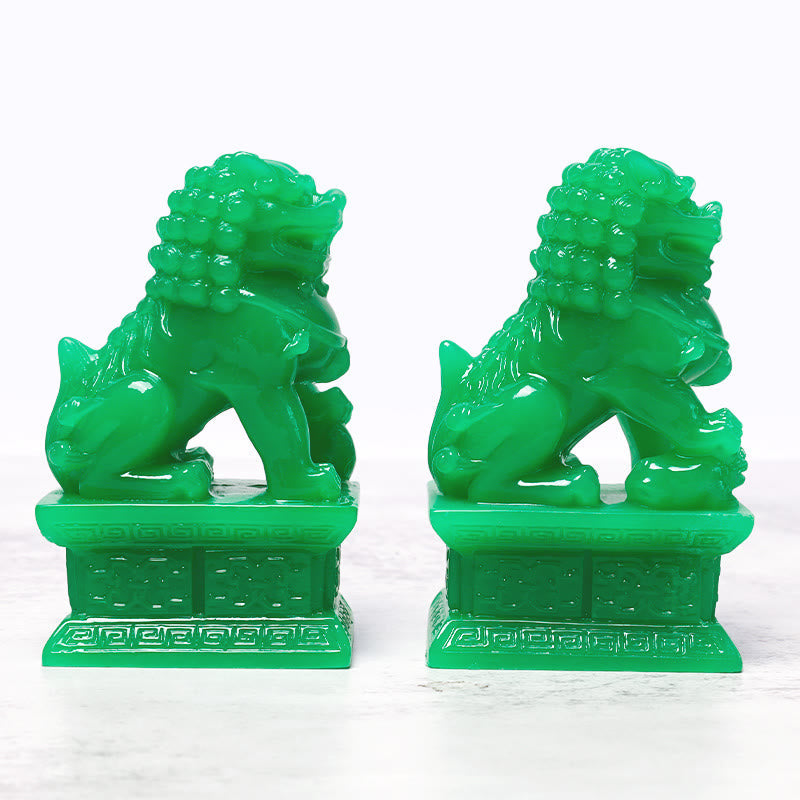 Fu Foo Dogs Guardian Lion Statues Pair – Elegant female foo dog cradling cub, traditional Chinese guardian sculpture