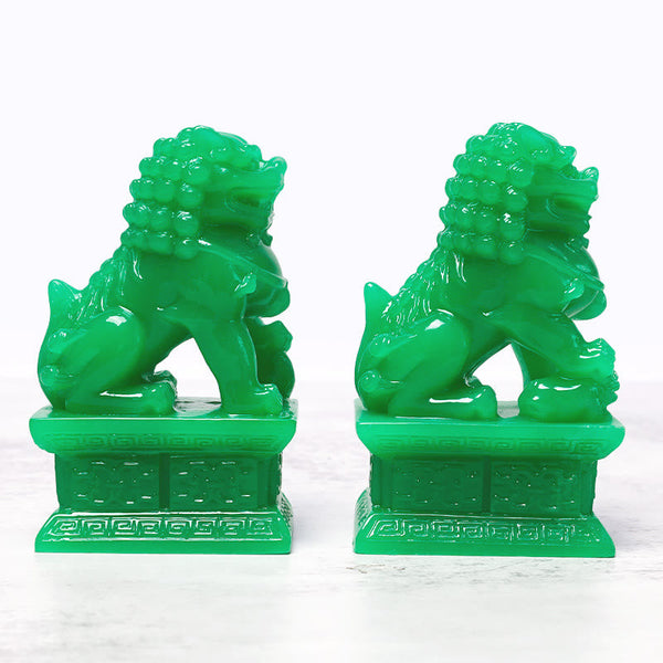Fu Foo Dogs Guardian Lion Statues Pair – Elegant female foo dog cradling cub, traditional Chinese guardian sculpture