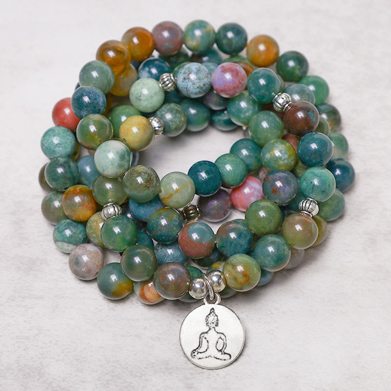 108 Mala Indian Agate Bracelet – coiled natural agate beads with silver Buddha charm, spiritual prayer beads