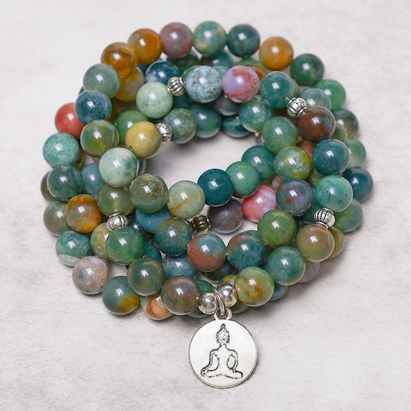 108 Mala Indian Agate Bracelet – coiled natural agate beads with silver Buddha charm, spiritual prayer beads