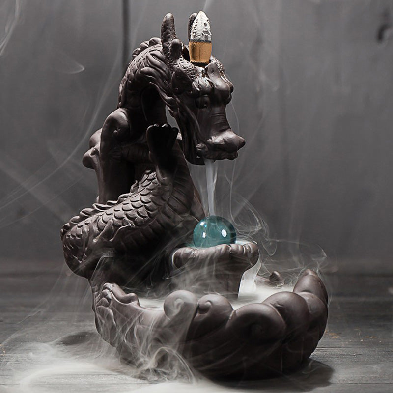 Dragon Incense Burner - Dark ceramic dragon smoke waterfall studio shot, Meditation
