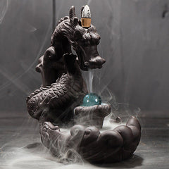 Dragon Incense Burner - Dark ceramic dragon smoke waterfall studio shot, Meditation