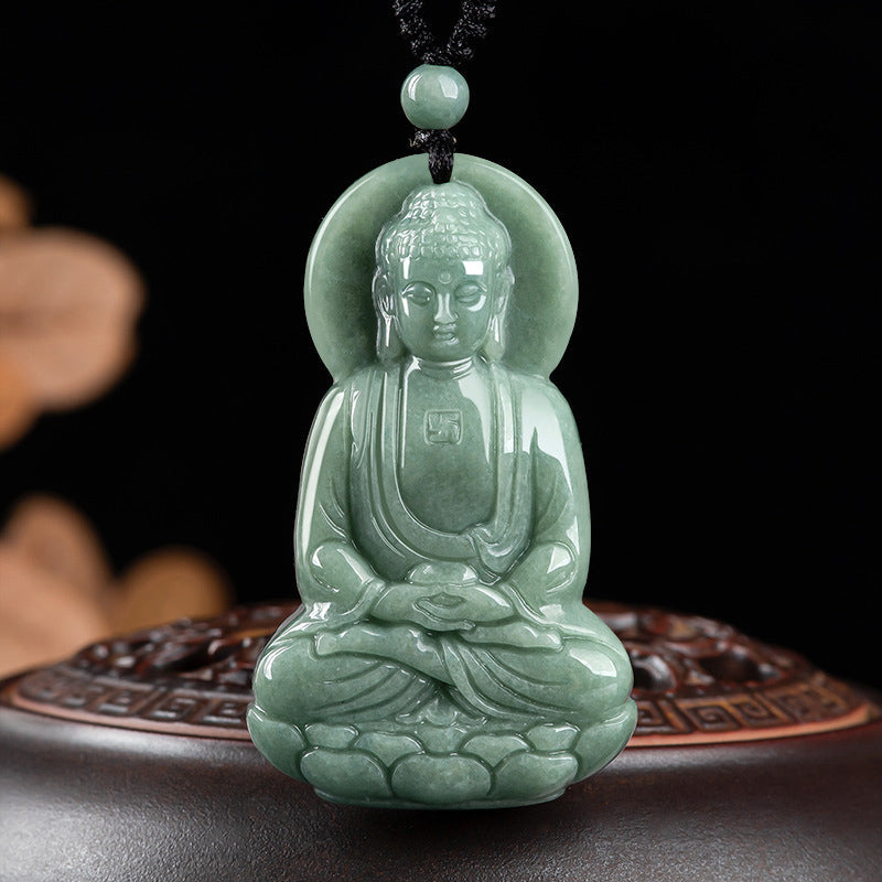Amitabha Buddha Jade String Necklace - Carved jade Buddha on black cord with wooden display stand
