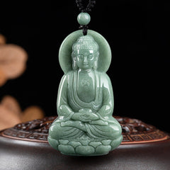 Amitabha Buddha Jade String Necklace - Carved jade Buddha on black cord with wooden display stand