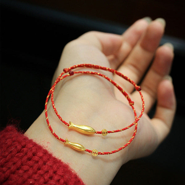 14K Gold Plated Koi Braided Bracelet – two gold koi charms on braided cord, fortune luck adjustable bracelet