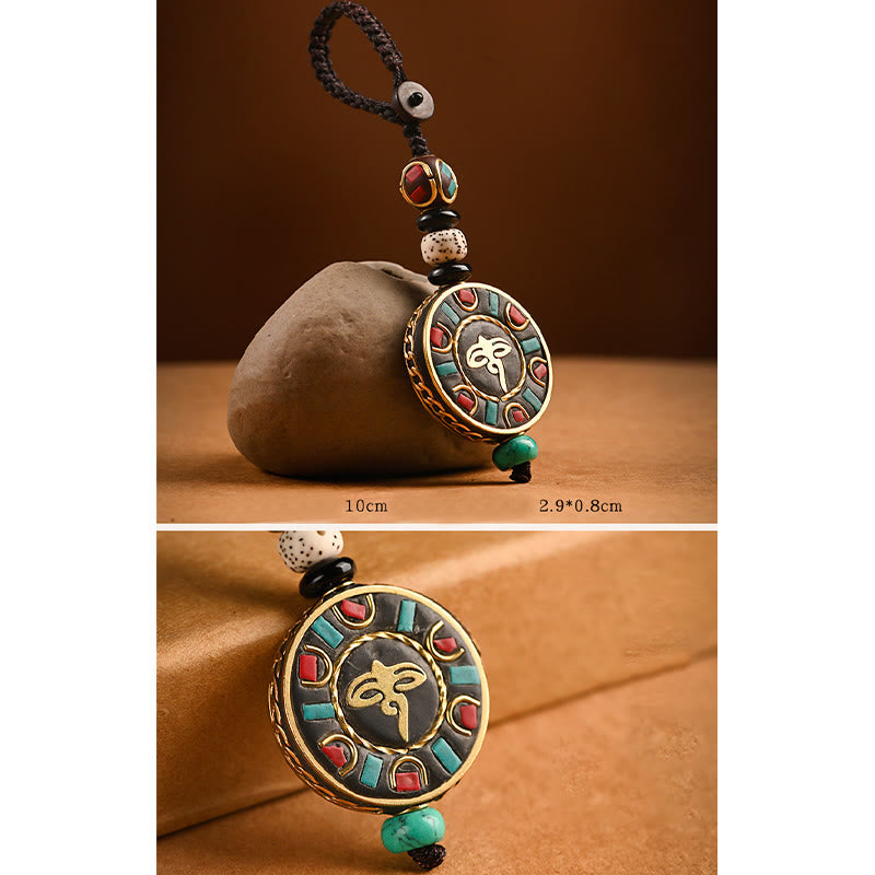 Tibetan Bodhi Seed Peace Key Chain – Turquoise flower medallion with gold filigree and dzi bead, ethnic charm