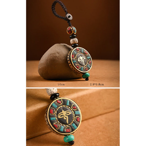 Tibetan Bodhi Seed Peace Key Chain – Turquoise flower medallion with gold filigree and dzi bead, ethnic charm