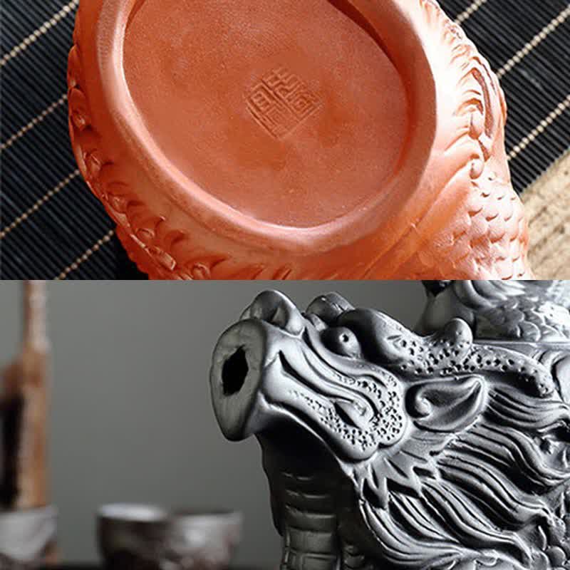 Vintage Dragon Phoenix Purple Clay Teapot – maker seal stamp and dragon head spout close-up, artisan authentication mark