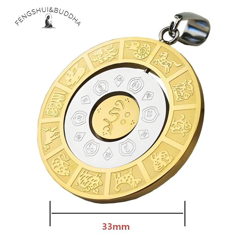 Zodiac Spin Necklace – front close up gold zodiac animals, silver middle ring eight symbols, gold center mantra, 33mm spiritual pendant