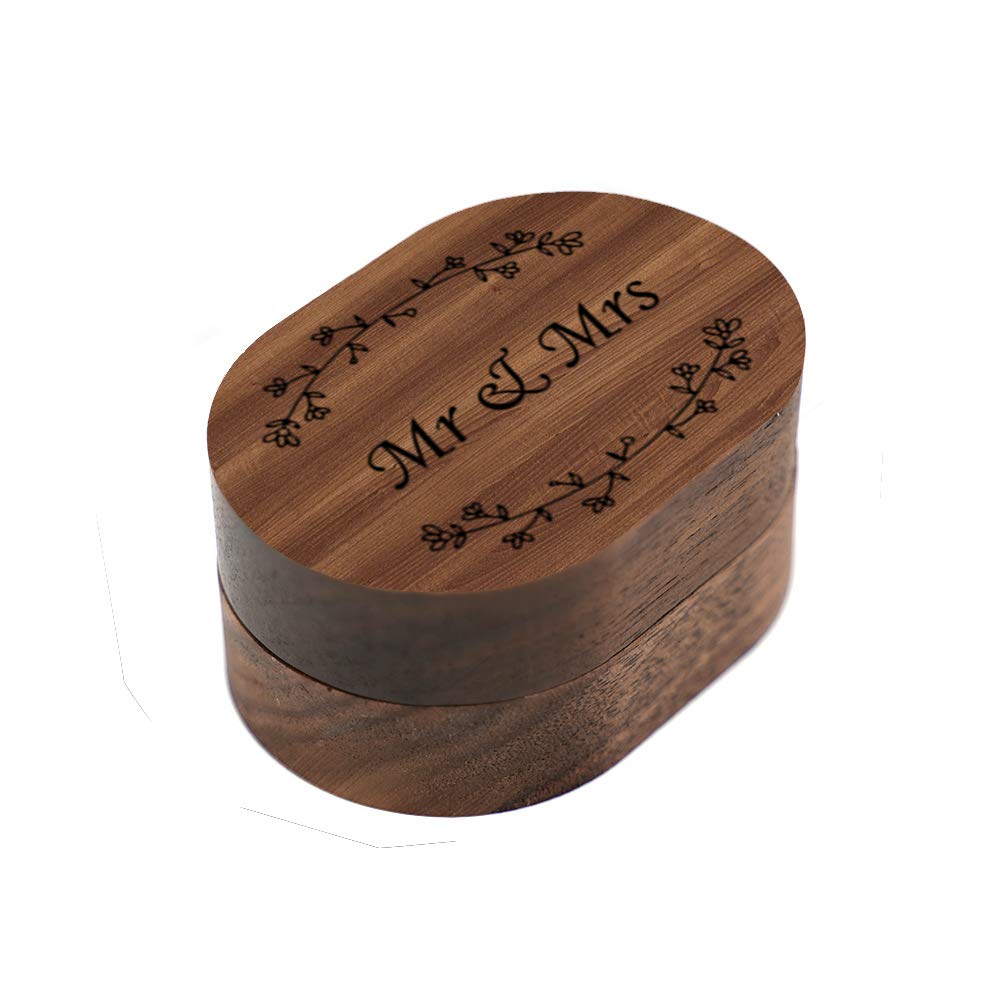 Mr & Mrs Walnut Wood Ring Box – closed top view showing engraved script and botanical vine motifs
